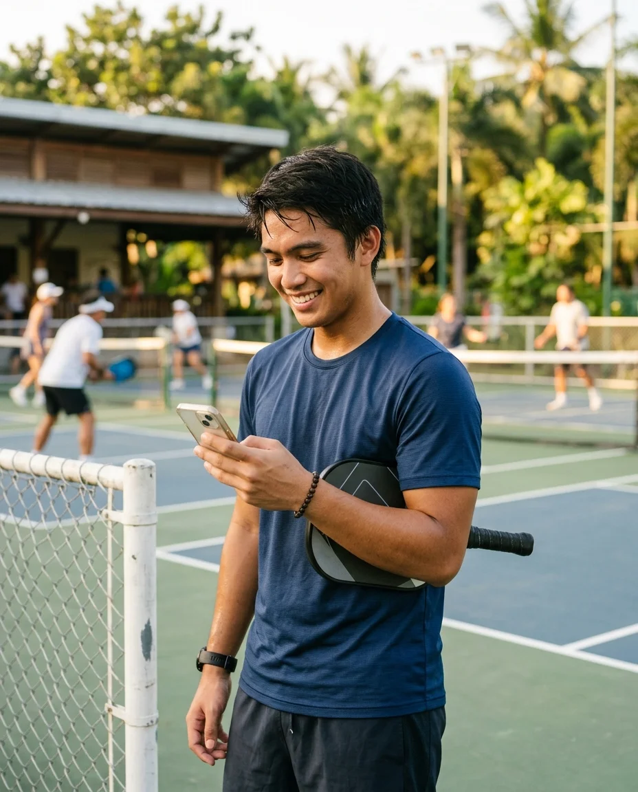 A player checking their phone courtside to book a slot